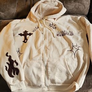 Source Unknown Cream Zip-Up Hoodie with Brown Embroidered Flames & Cross